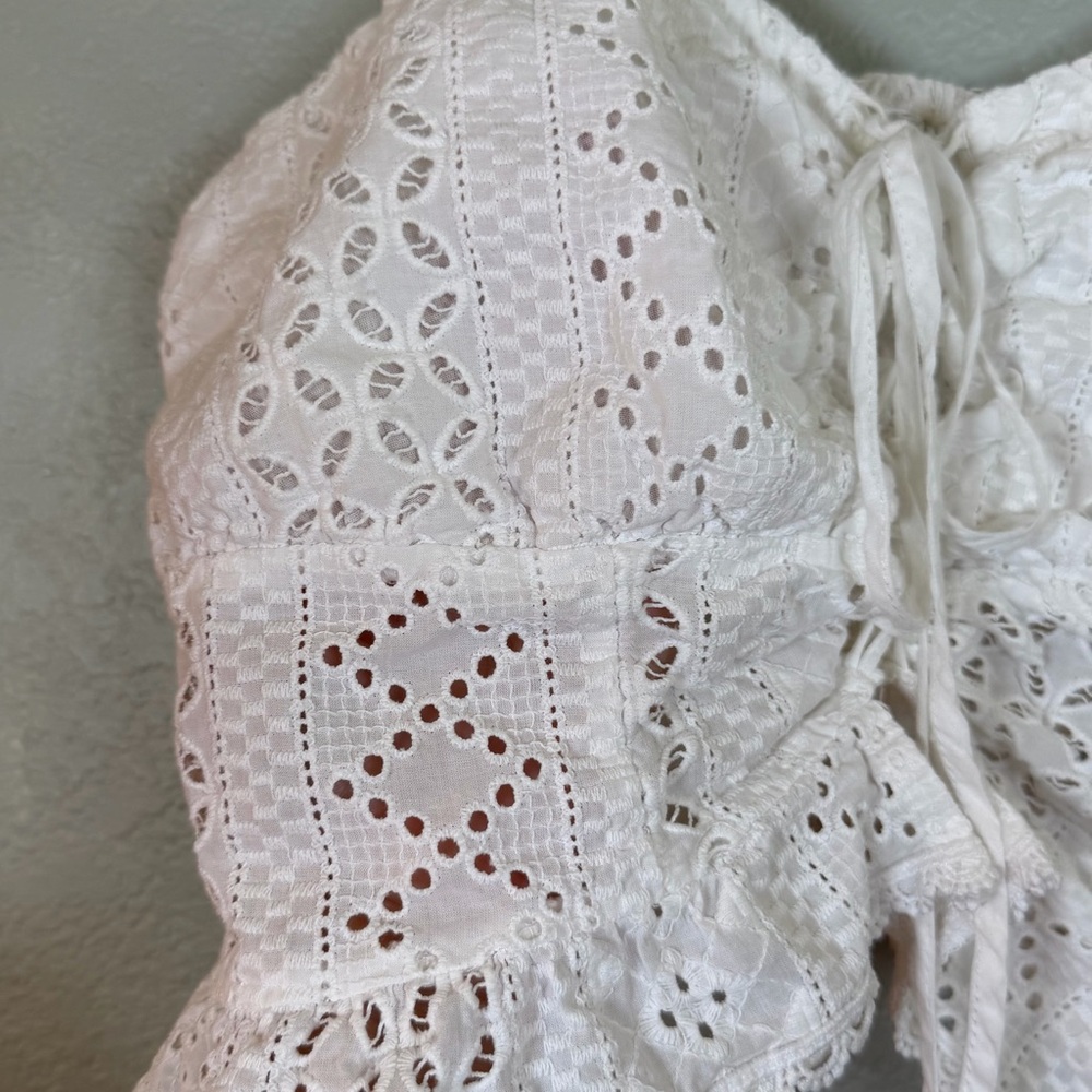 Blenca White Eyelet Sweatheart Neckline Smocked Corset Tie Front Bohemian Top XL - Picture 4 of 8